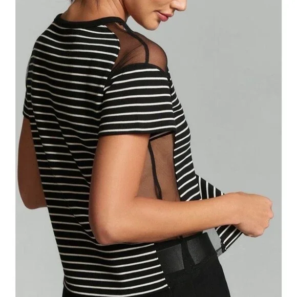 MAEVE By Anthropologie Black/White Striped Tulle-Mesh Inlay Tee Shirt Top Medium - Picture 3 of 7